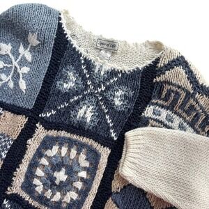 Spice of Life Vintage Med Blue Beige Patchwork Granny Square Sweater Cottagecore
